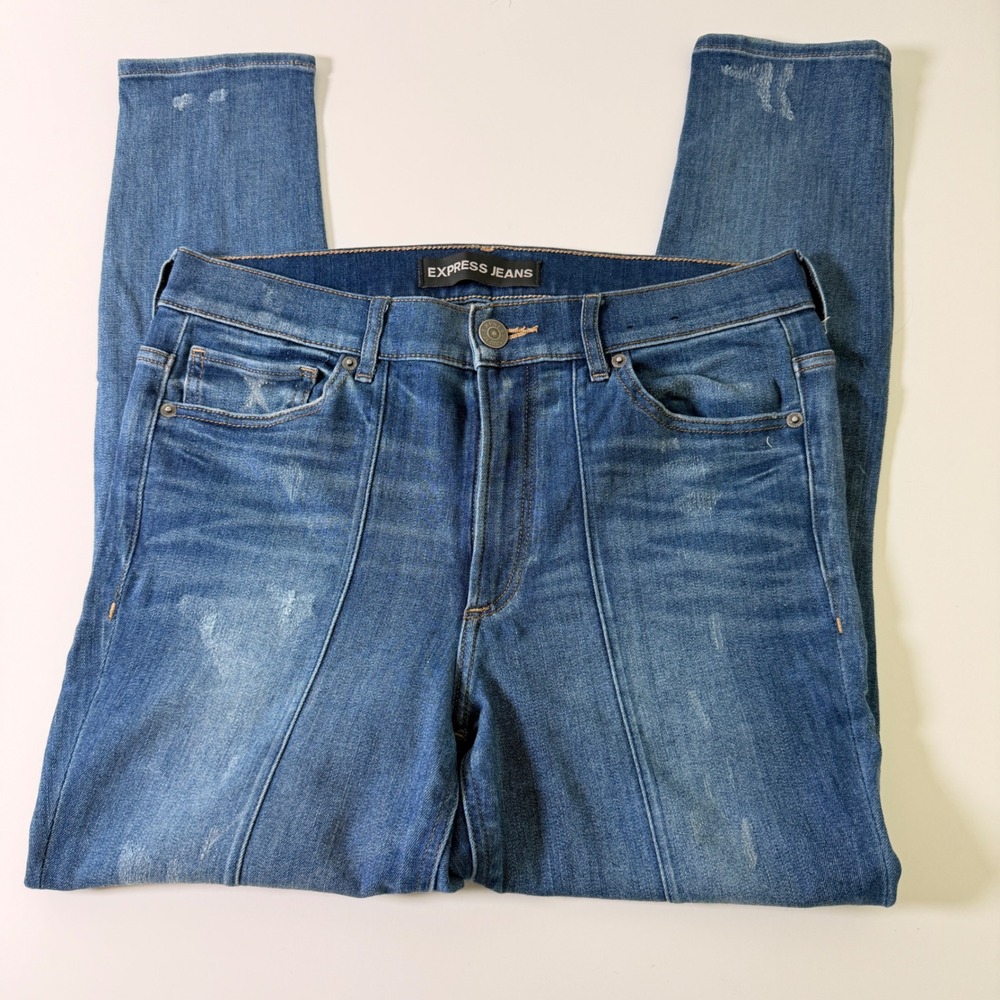 Express Jeans Womens High Rise Ankle Legging Blue Distressed Seam Denim 10R